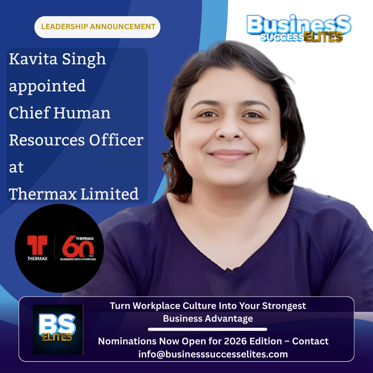Kavita Singh appointed Chief Human Resources Officer at Thermax Limited.