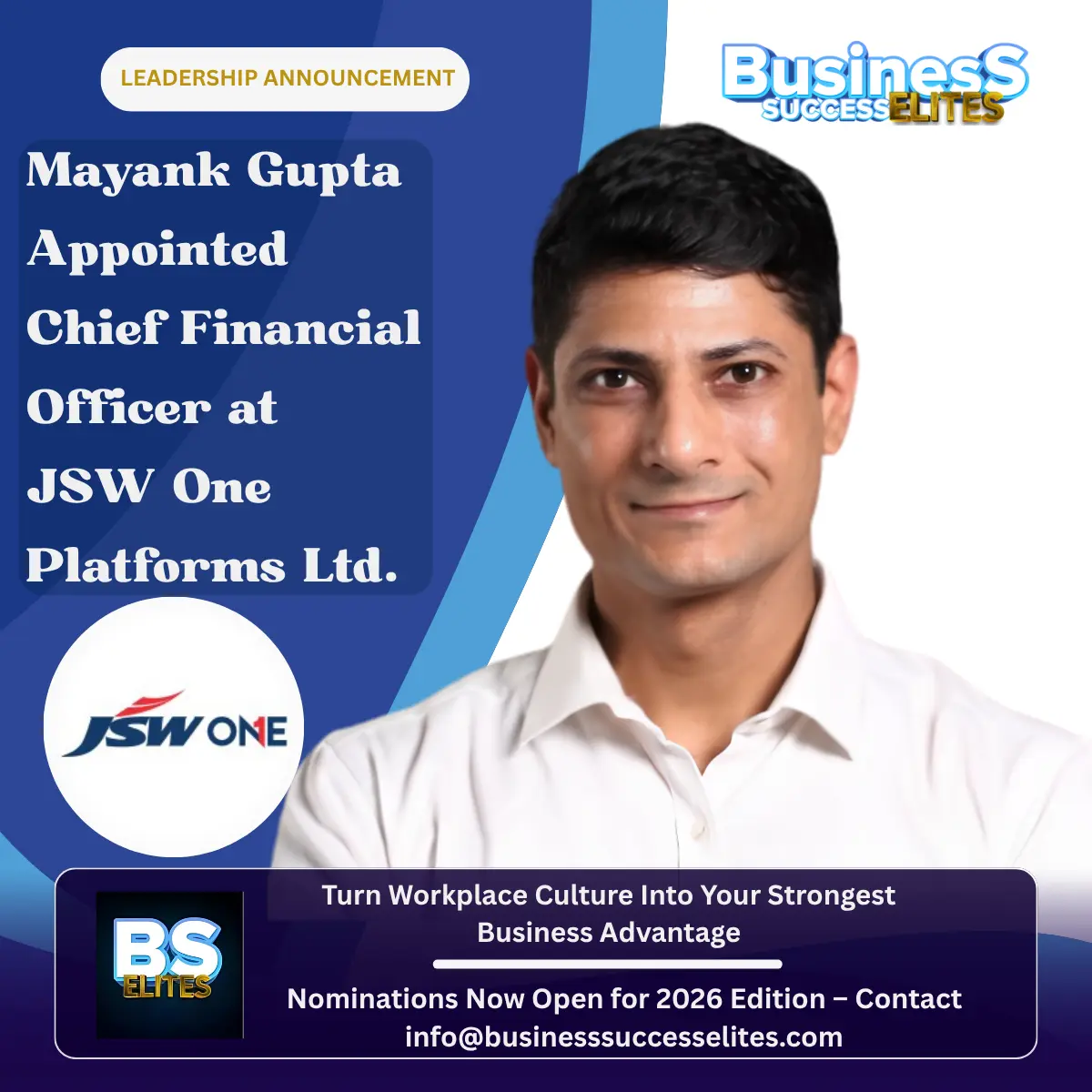 Mayank Gupta appointed Chief Financial Officer at JSW One Platforms Ltd.
